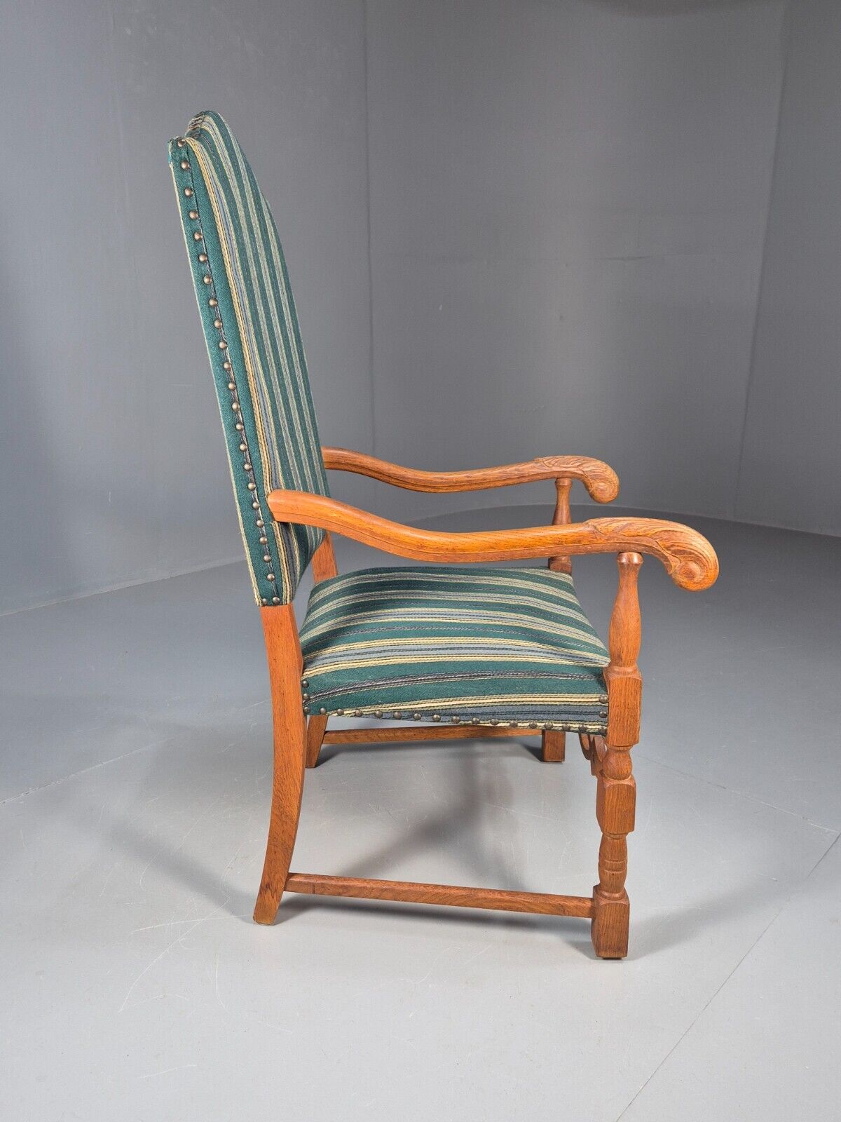 A Vintage Danish Baroque Style Armchair Green Wool Stripe Oak Frame EB9002 VCLO - UKDK FURNITURE