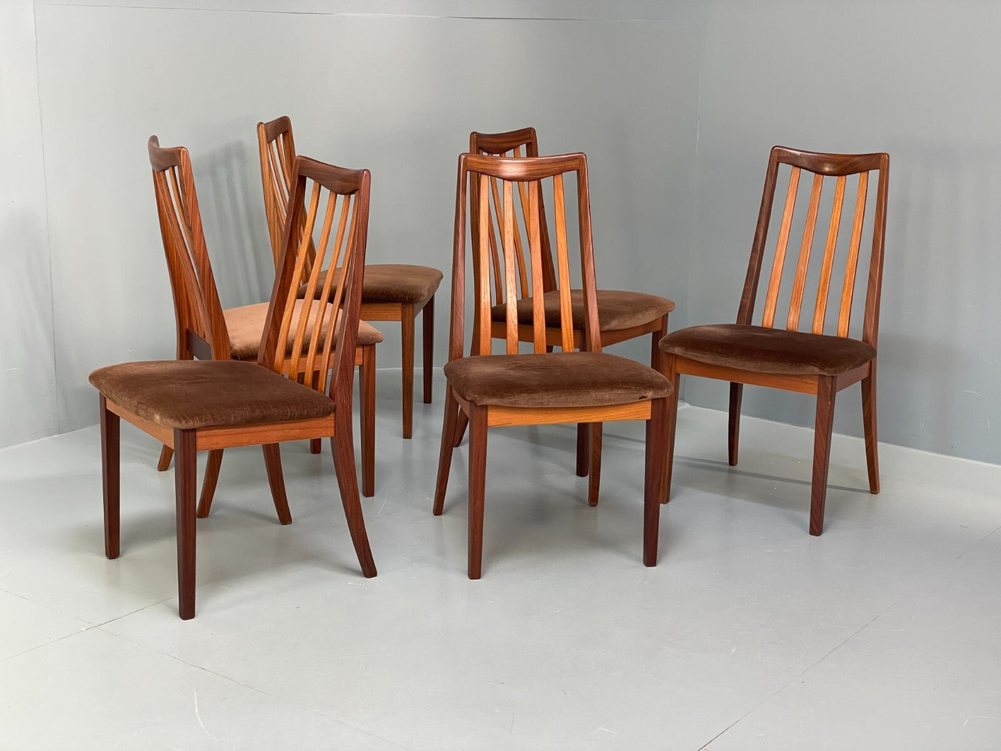 Vintage G Plan Fresco Teak Dining Chairs Six Brown Velour Retro EB9780 MDIN - UKDK FURNITURE