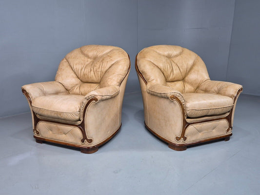 2 Vintage Danish Lounge Chairs Beige Leather Wood Trim 1990s BeEB8287 VLEA - UKDK FURNITURE