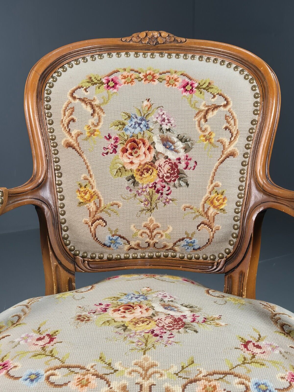 Vintage Danish Lounge Chair Fauteuil Floral Tapestry Hardwood French EB8081 VCAR - UKDK FURNITURE