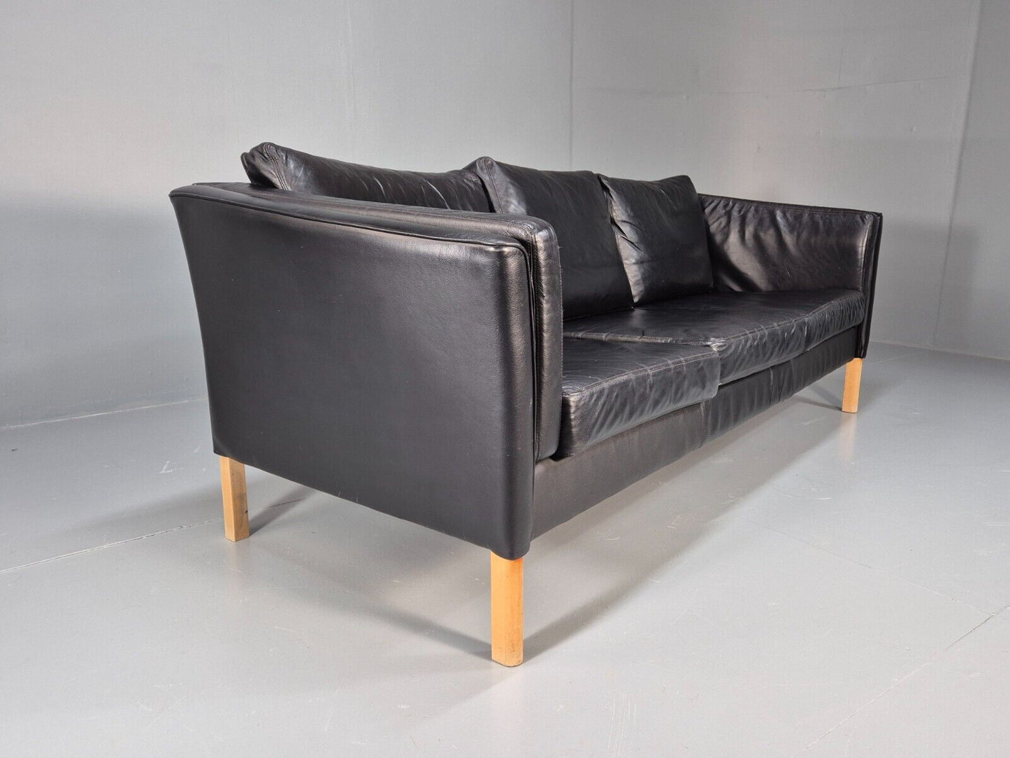 Vintage Danish 3 Seat Sofa Black Leather and Vinyl Straight Back EB8616 M3SS - UKDK FURNITURE