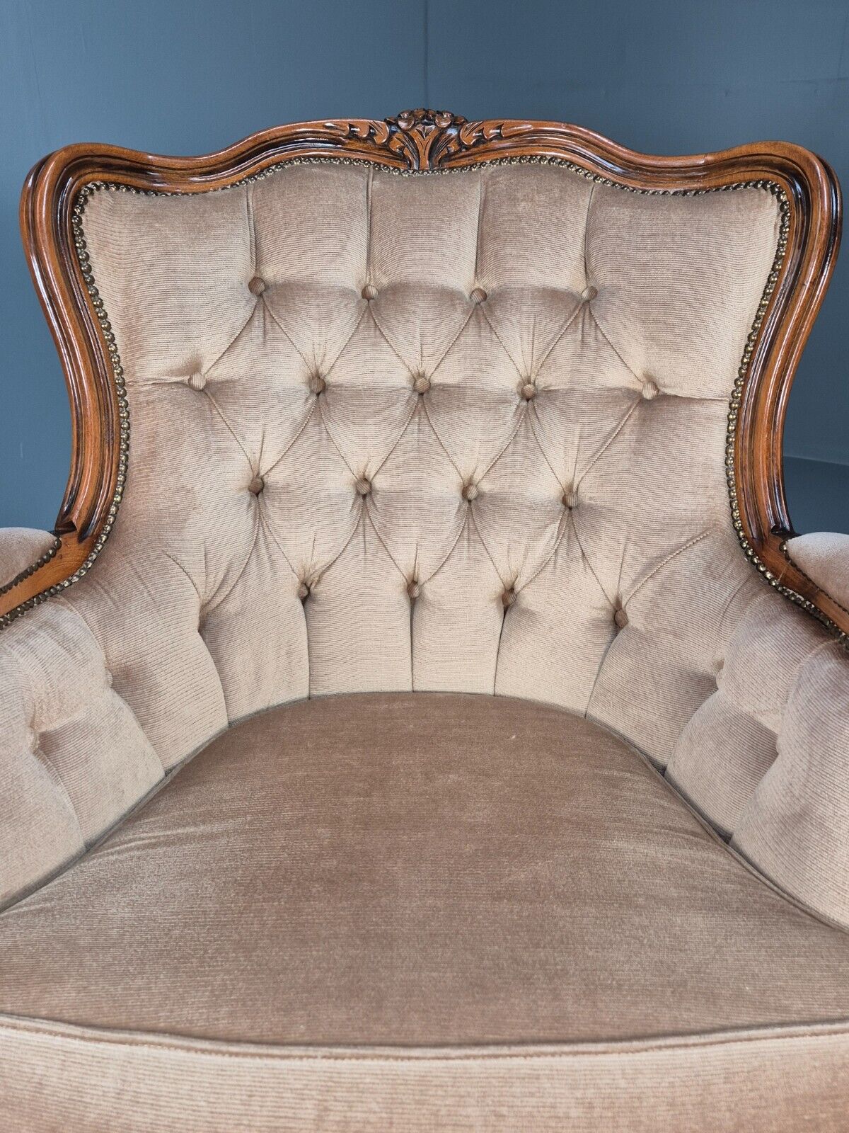 Vintage Danish Lounge Chair Beige Velour Beech Antique French Style EB8930 VCLO - UKDK FURNITURE