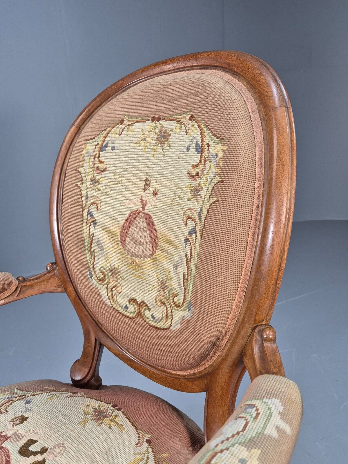 Vintage Danish Rococo Style Lounge Chair Figural Tapestry Upholstery EB8982 VCLO - UKDK FURNITURE