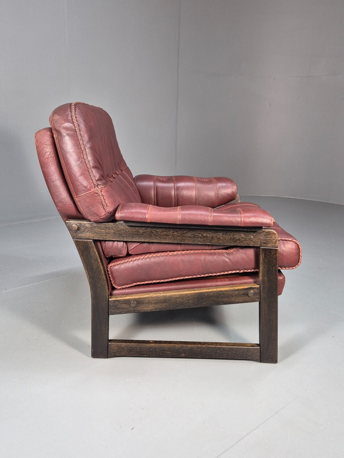 Vintage Danish Burgundy Leather Lounge Chair Stitch Detail 1980s MCM EB9259 MNOR - UKDK FURNITURE