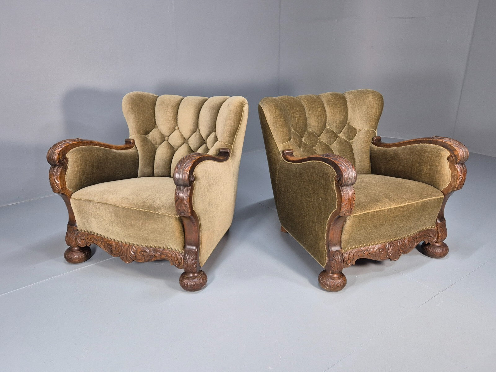 2 Antique Carved oak Danish Lounge Chairs Mink Velour Fan Back 1930s EB9557 VCLO - UKDK FURNITURE