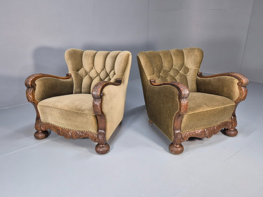 2 Antique Carved oak Danish Lounge Chairs Mink Velour Fan Back 1930s EB9557 VCLO - UKDK FURNITURE