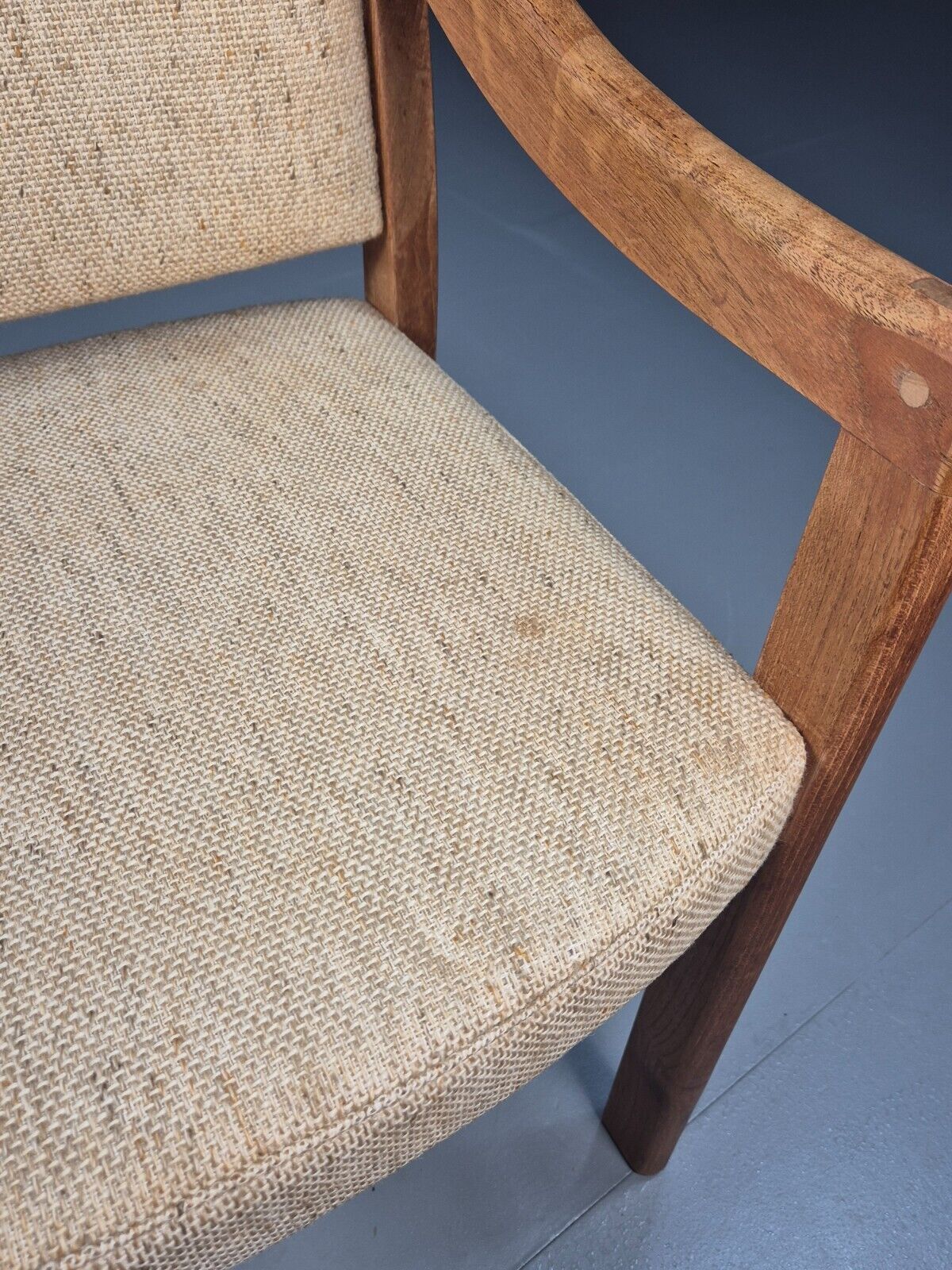 Vintage Danish Elbow Chair Beige Wool Teak Retro MCM 1970s EB9156 MDIN - UKDK FURNITURE
