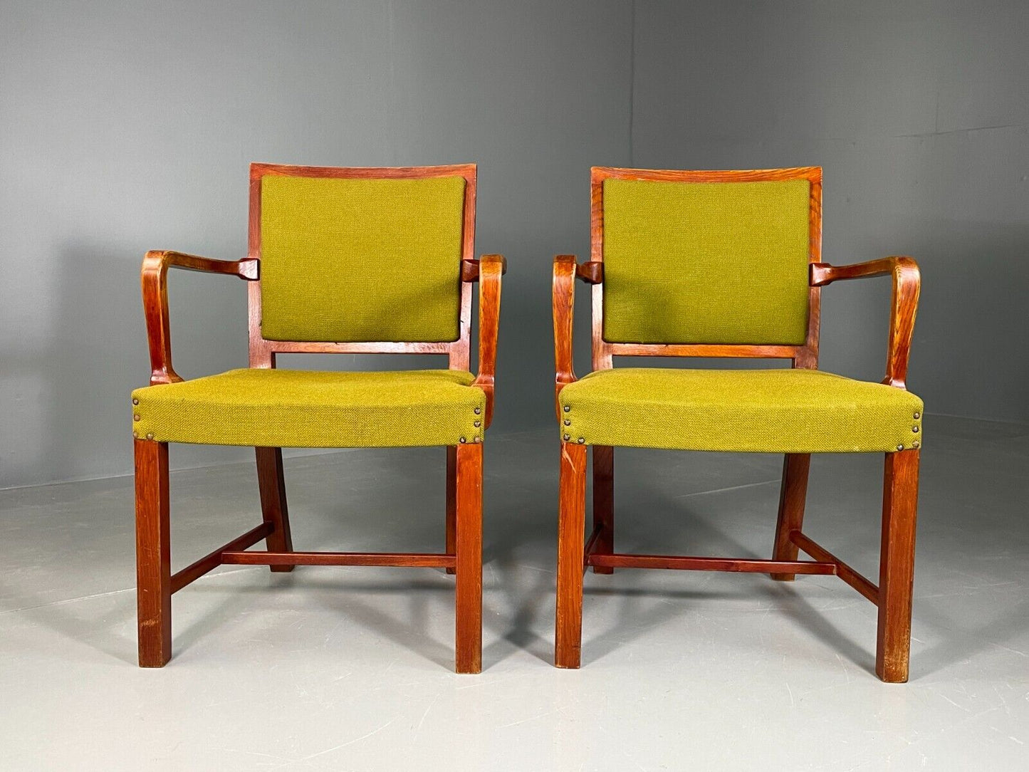 EB6737 2 Vintage Danish Elbow Chairs Green Beechwood Retro MCM MDIN - UKDK FURNITURE