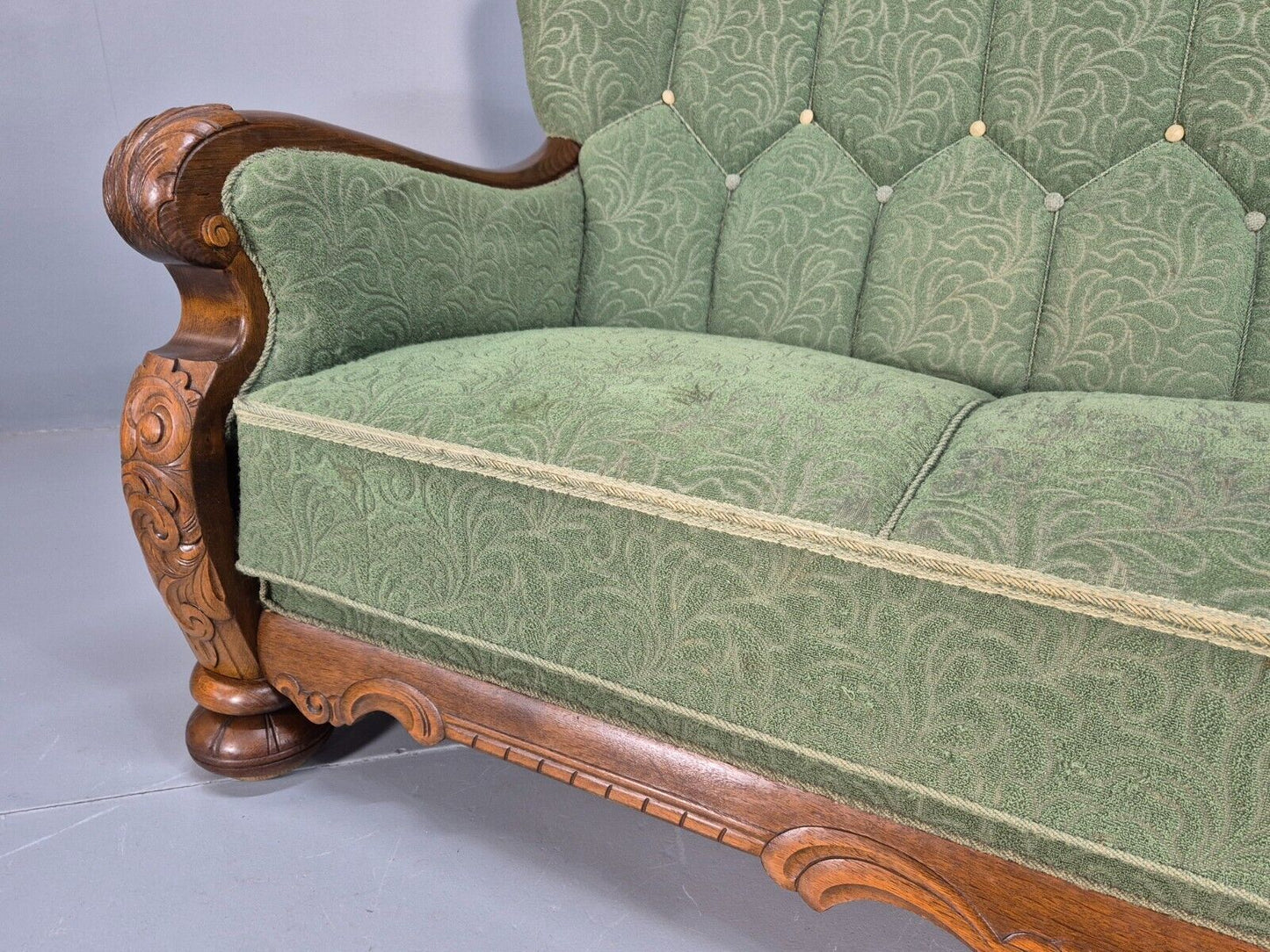 Vintage Danish Art Deco Sofa Oak Frame Green Moquette 1940s Antique EB8953 V3SS - UKDK FURNITURE