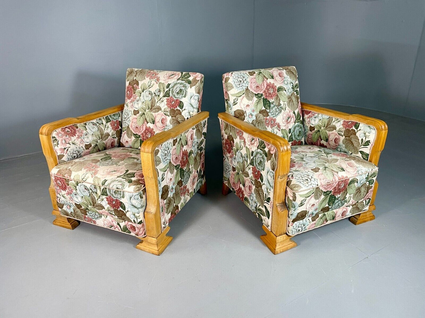 EB6654 2 Vintage Danish Lounge Chairs Floral Honey Oak Art Deco Antique VCLO - UKDK FURNITURE