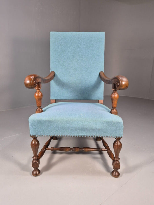 Vintage Danish Armchair Blue Carved Oak 17th Century Antique Style EB8986 VCAR - UKDK FURNITURE