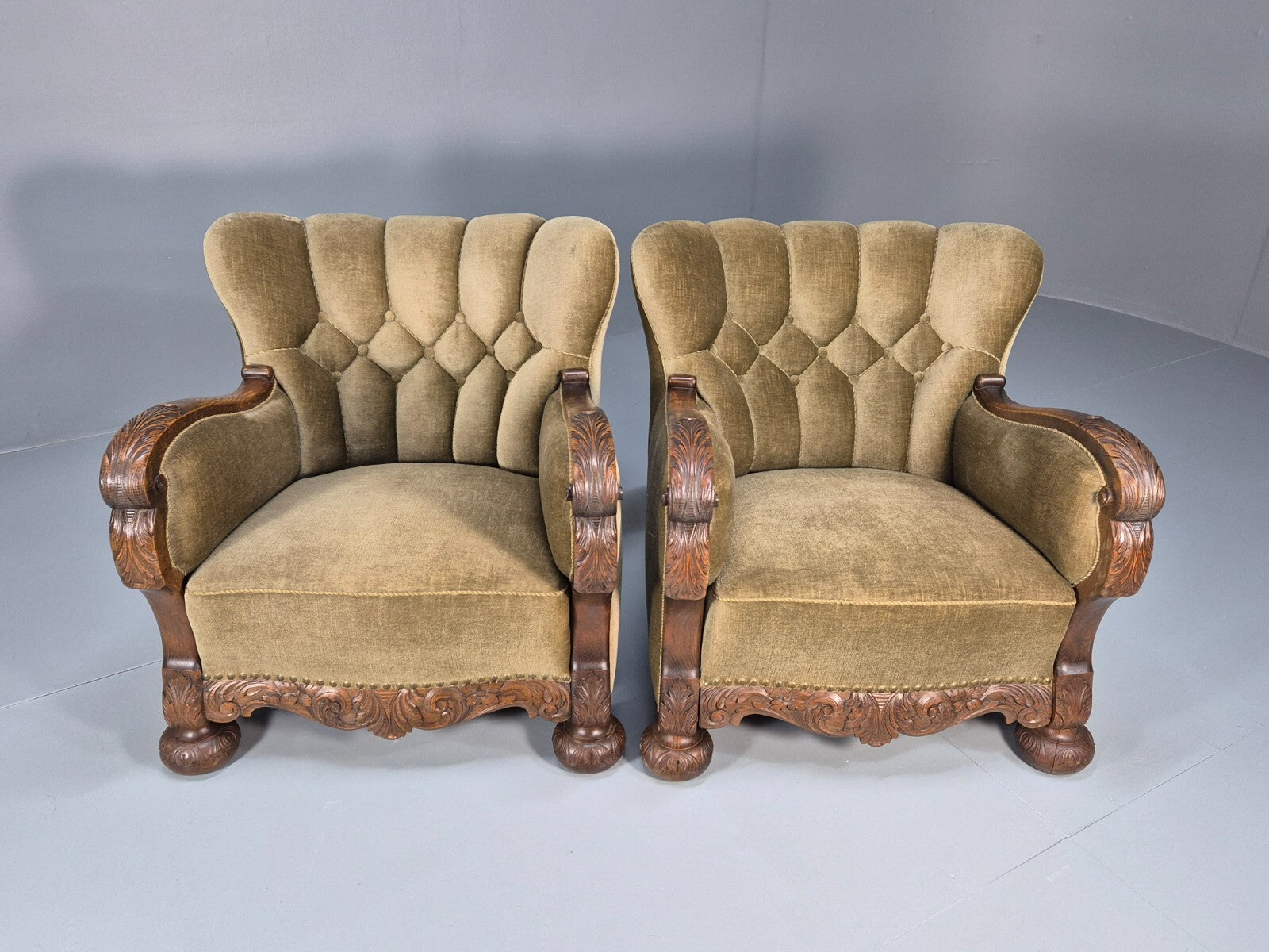 2 Antique Carved oak Danish Lounge Chairs Mink Velour Fan Back 1930s EB9557 VCLO - UKDK FURNITURE