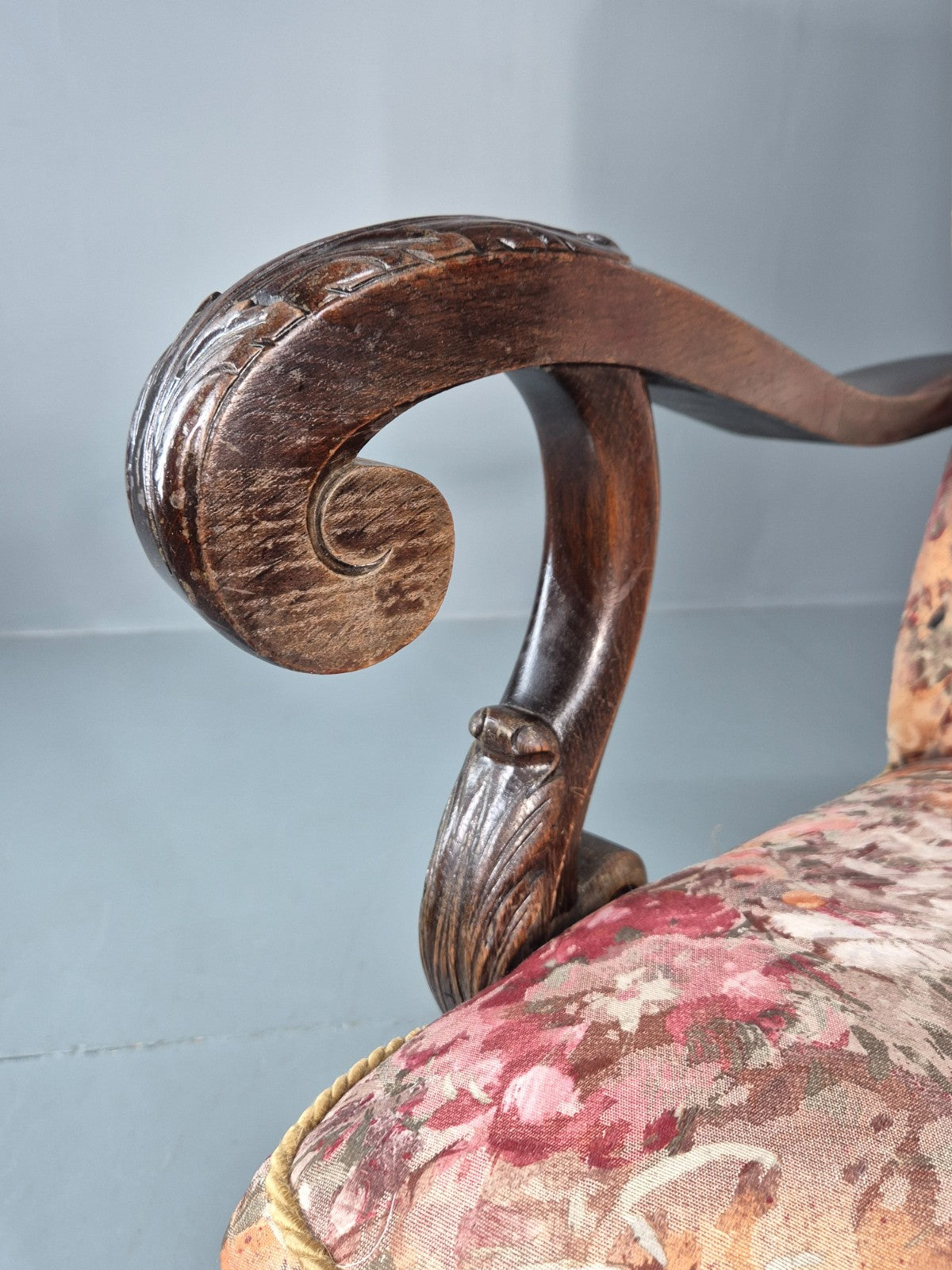 Vintage Carved Oak Chair Floral Fabric 1940s Traditional Curved EB10752 VCAR16