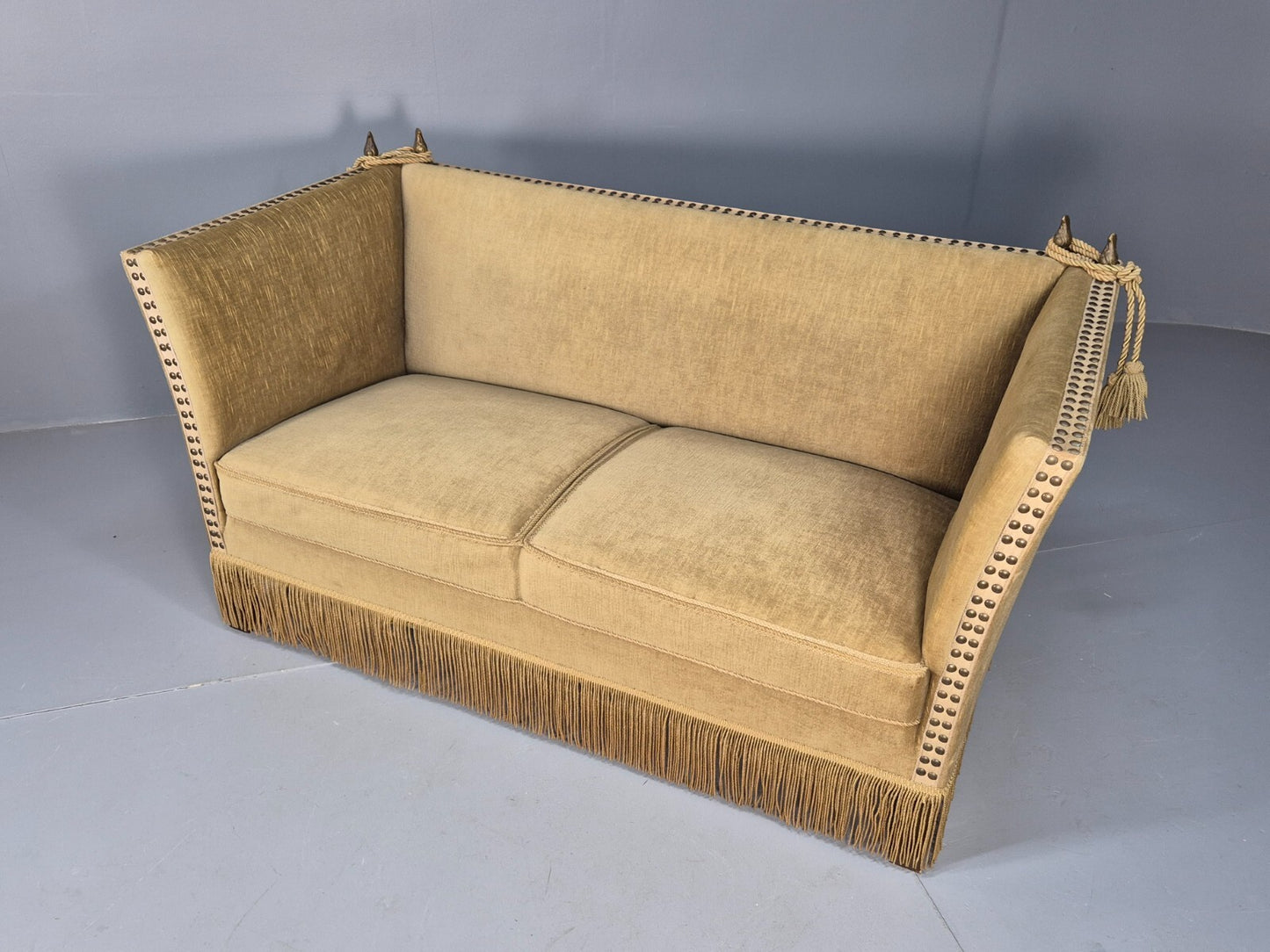 Vintage Two Seater Sofa Green Velour Studded Tassels Danish Design EB9549 V2SS - UKDK FURNITURE