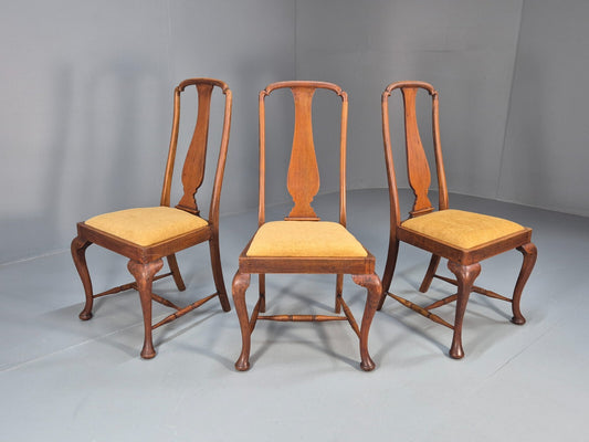 3 Walnut Queen Anne Style Dining Chairs Cabriole Pad Feet Splat Back EB9699 VDIN - UKDK FURNITURE