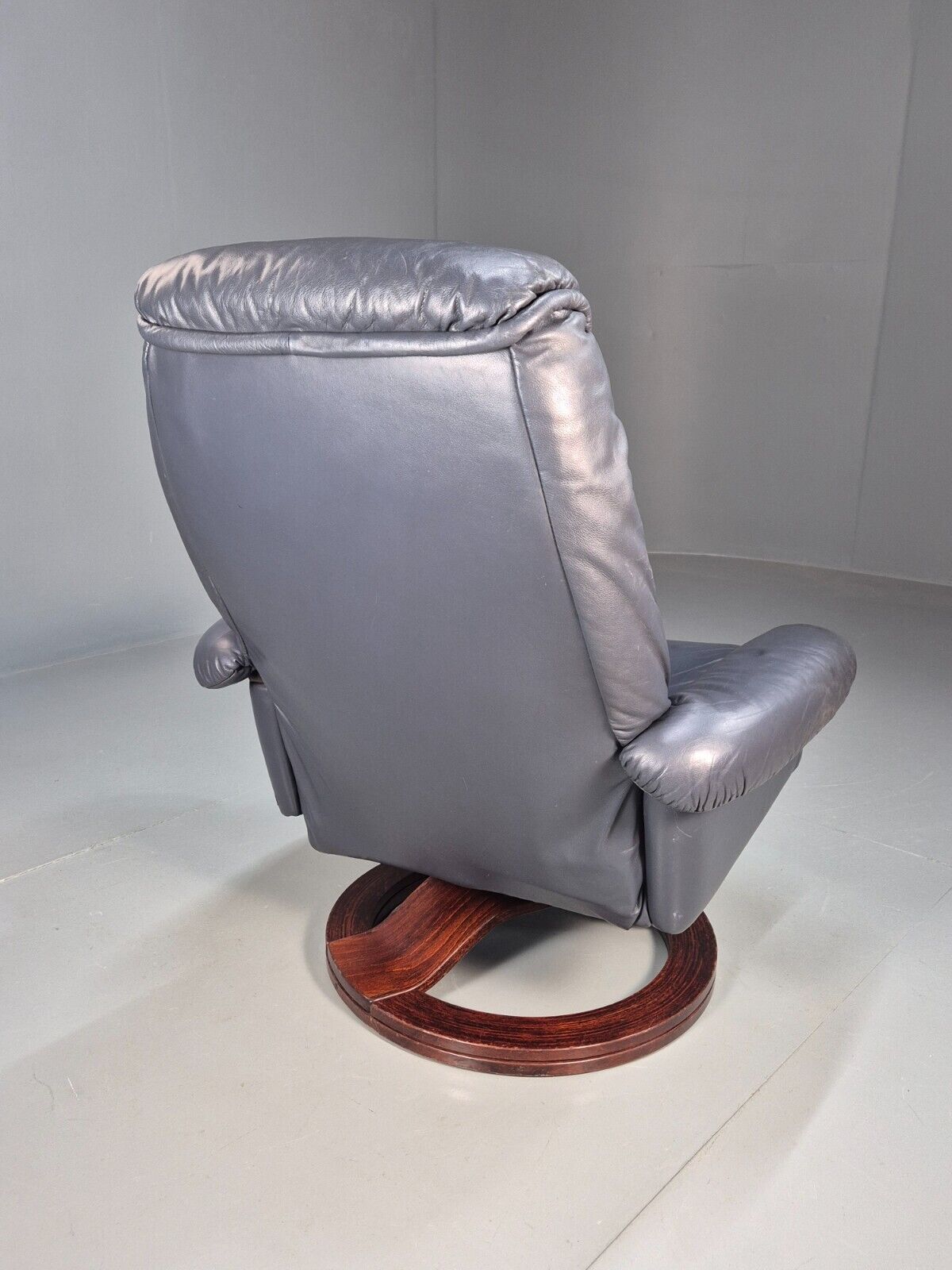 Vintage Danish Swivel Chair Blue Grey Leather Reclines 1980s Retro Eb8465 MSWI - UKDK FURNITURE