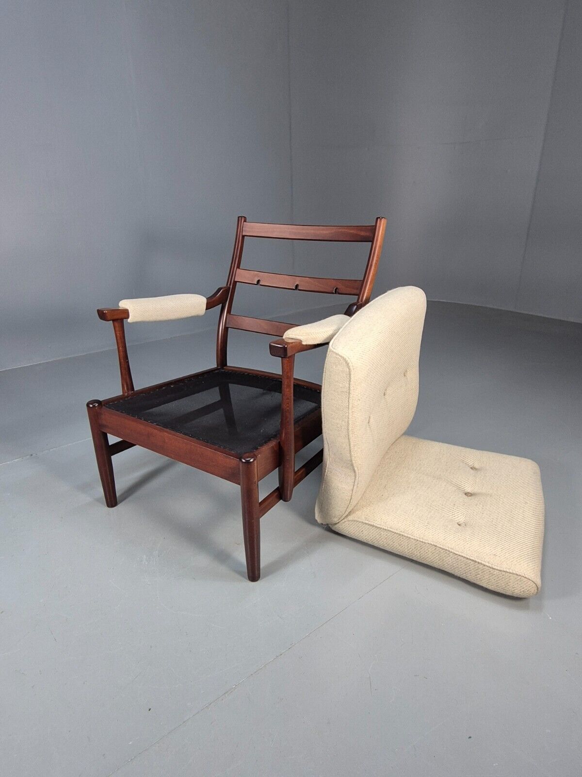 Vintage Danish Lounge Chair Beige Wool Wood Frame 1970s Retro EB8539 MNOR - UKDK FURNITURE