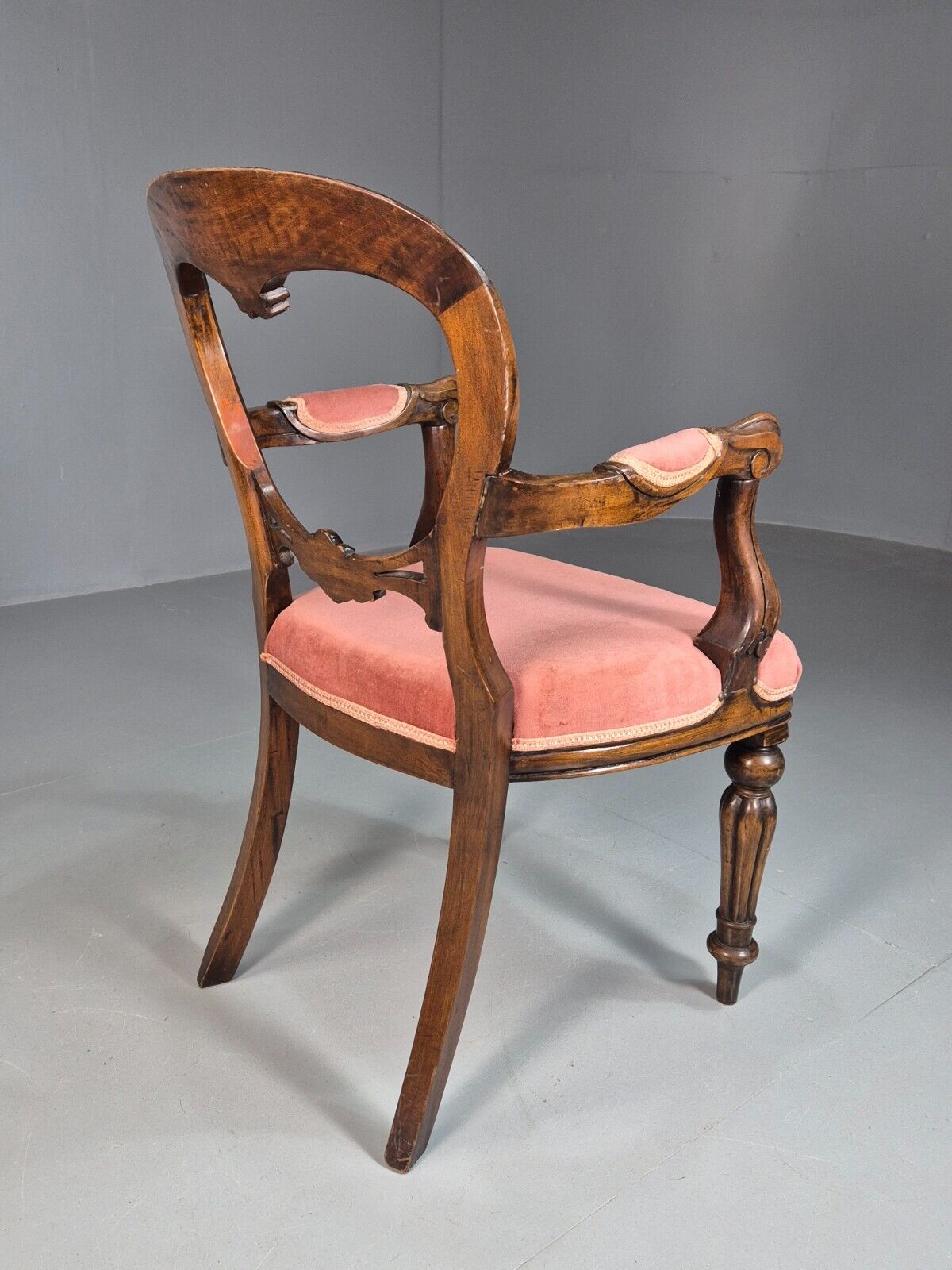 Vintage Elbow Chair Pink Velour Mahogany Frame Balloon Back Antique EB7861 VCAR - UKDK FURNITURE