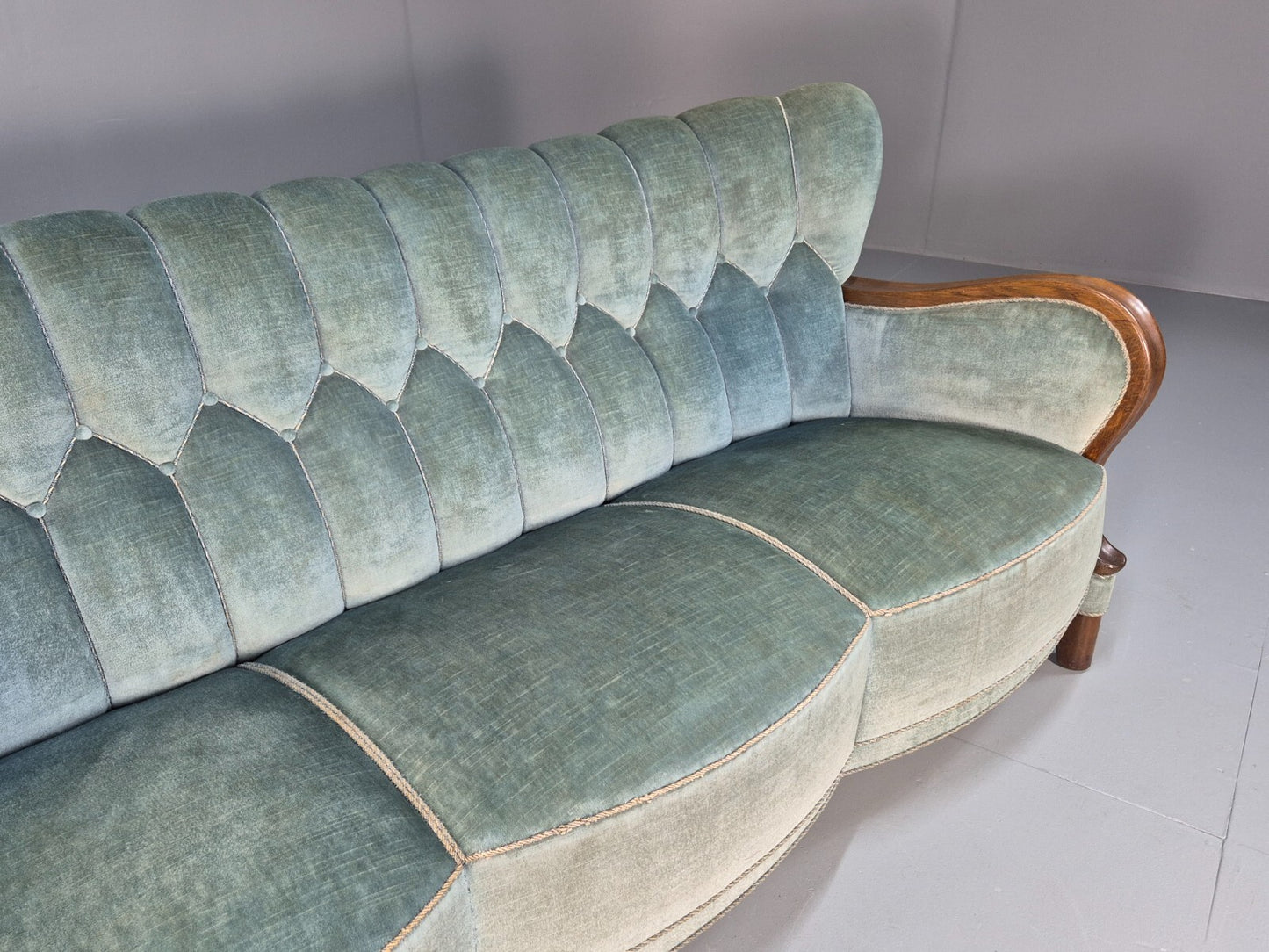 Vintage Danish Art Deco Sofa Blue Velvet Velour Oak Frame Shell Back EB9591 V3SS - UKDK FURNITURE
