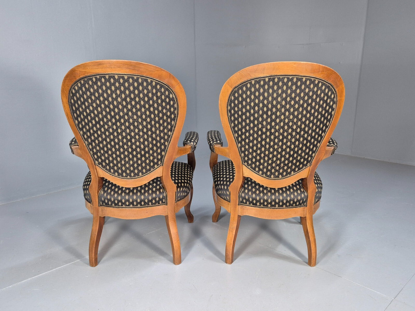 Antique Mahogany Armchair Pair Black Pattern Fabric Louis XV Style EB9558 VCLO - UKDK FURNITURE