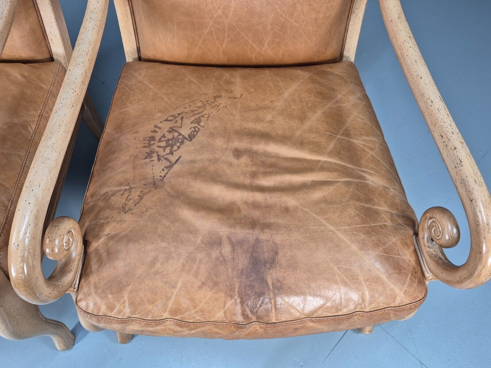2 Vintage Lounge Chairs Tan Leather Cream Wood Frame Antique Style EB9028 VLEA - UKDK FURNITURE