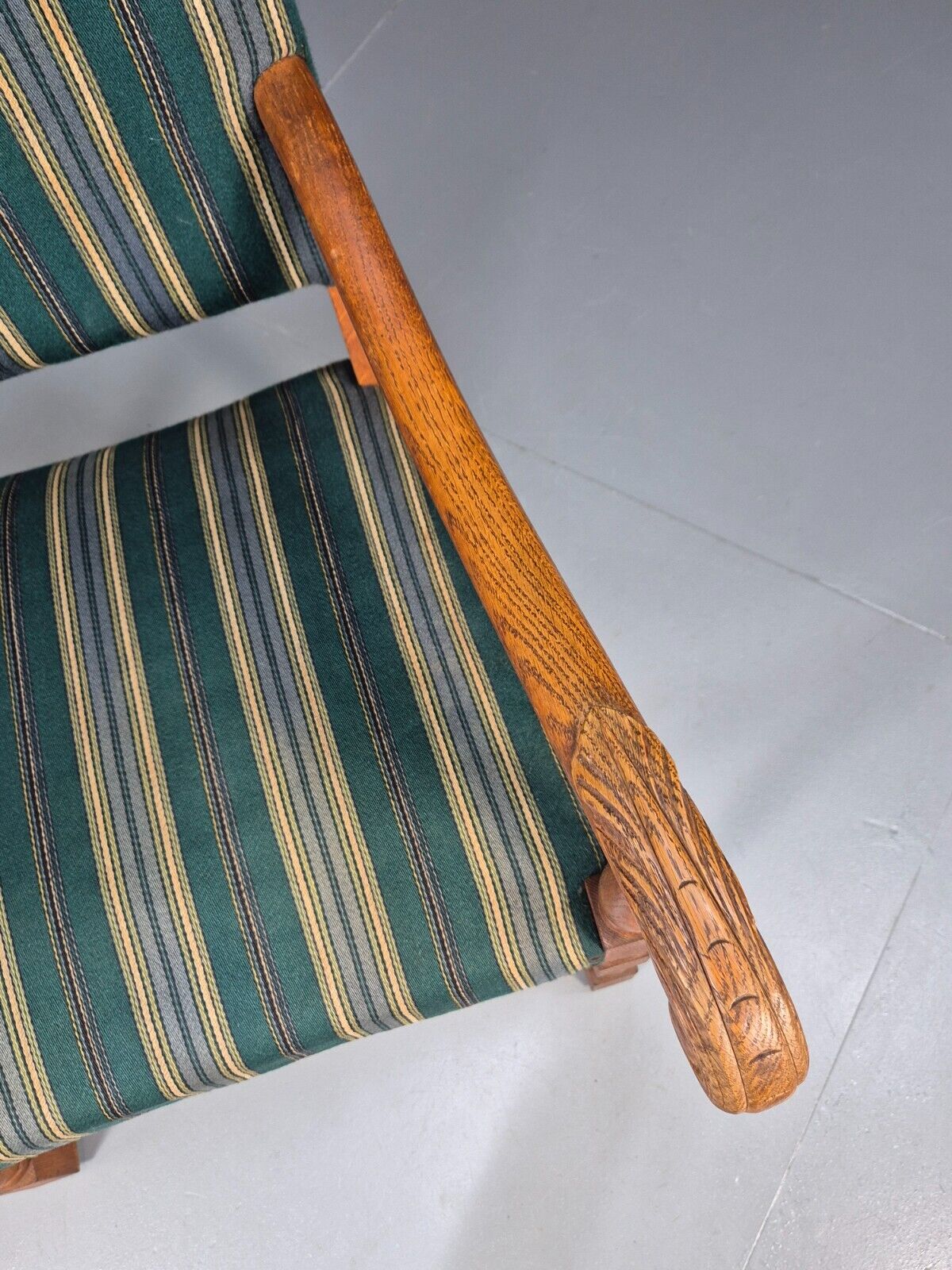 A Vintage Danish Baroque Style Armchair Green Wool Stripe Oak Frame EB9002 VCLO - UKDK FURNITURE