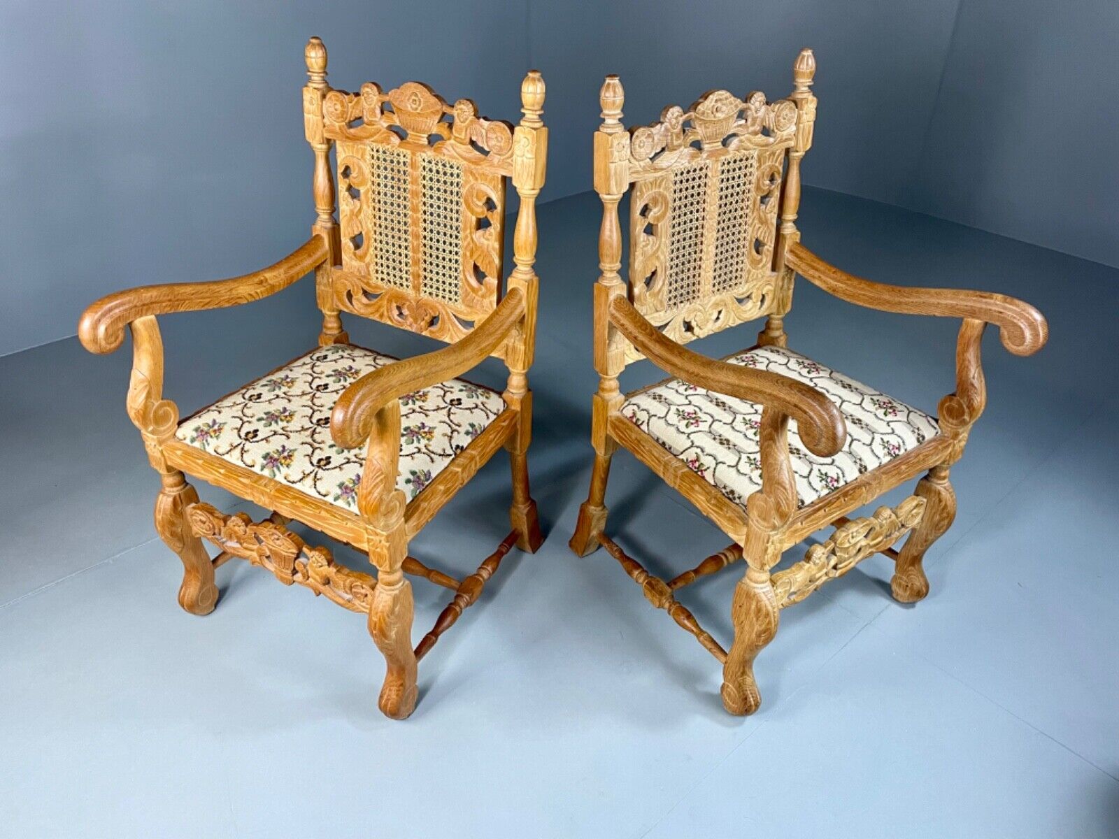 EB5172 2 Vintage Danish Carved Oak Elbow Chairs. Carolean Style, Antique VCAR - UKDK FURNITURE
