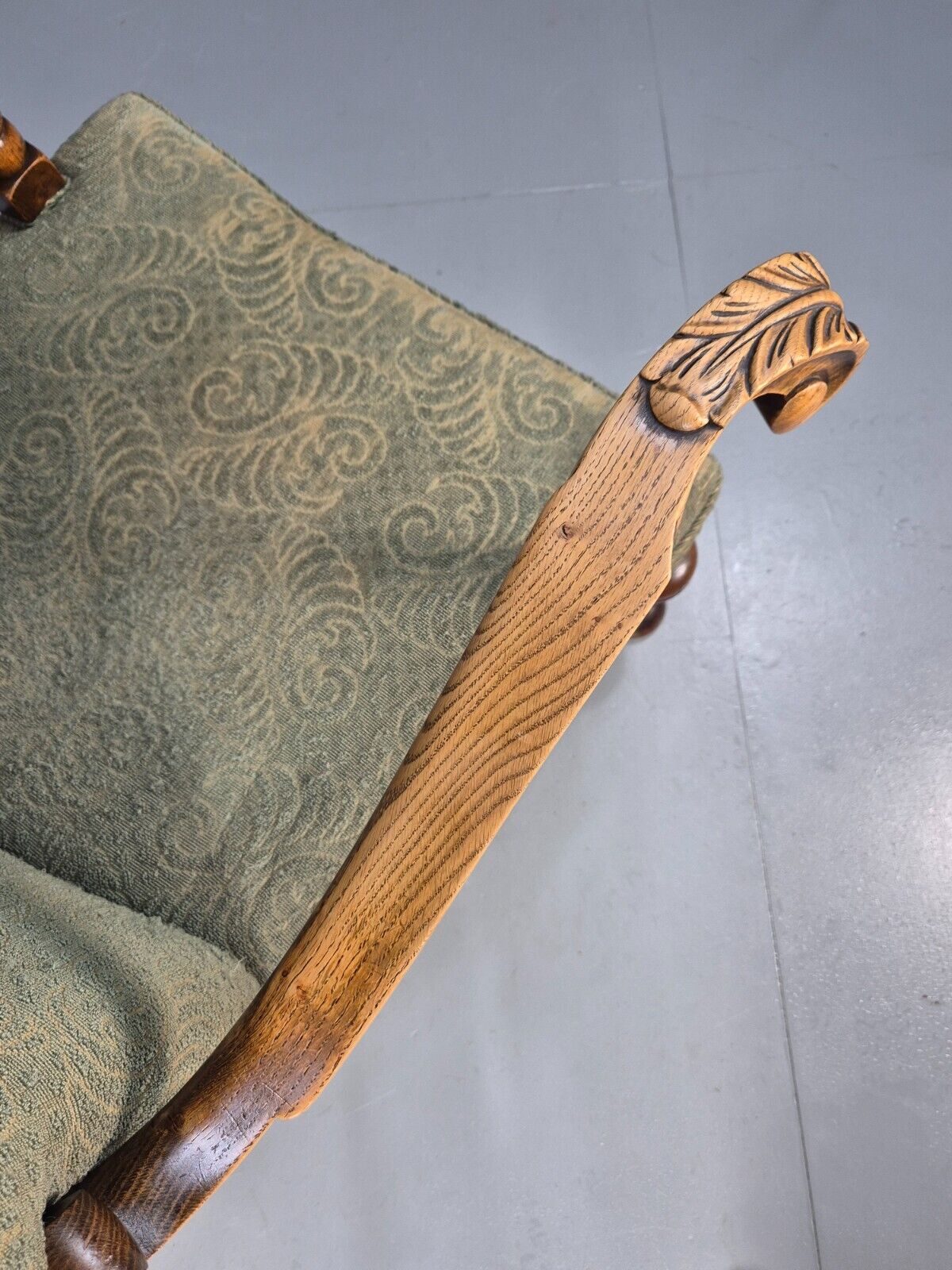 Vintage Danish Lounge Chair Green Moquette Carved Oak Frame 1940s EB8981 VCLO - UKDK FURNITURE