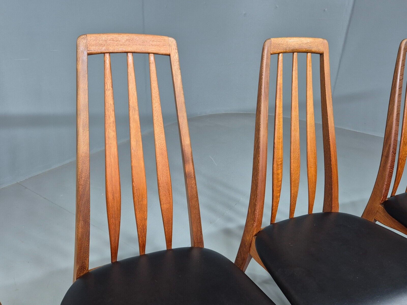 4 Vintage Danish Dining Chairs Black Vinyl Teak Koefoeds Retro MCM EB8433 MDIN - UKDK FURNITURE