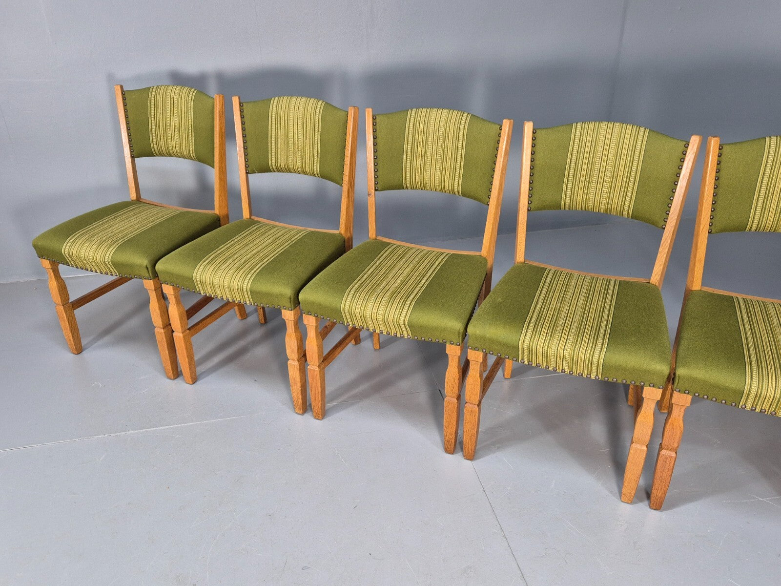 6 Kjaenulf Oak Danish Dinning Chairs Green Stripe Upholstery 1970s EB9536 MDIN - UKDK FURNITURE