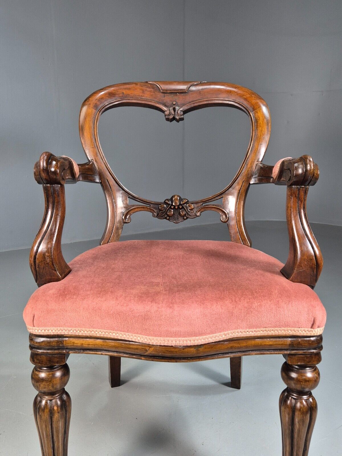Vintage Elbow Chair Pink Velour Mahogany Frame Balloon Back Antique EB7861 VCAR - UKDK FURNITURE