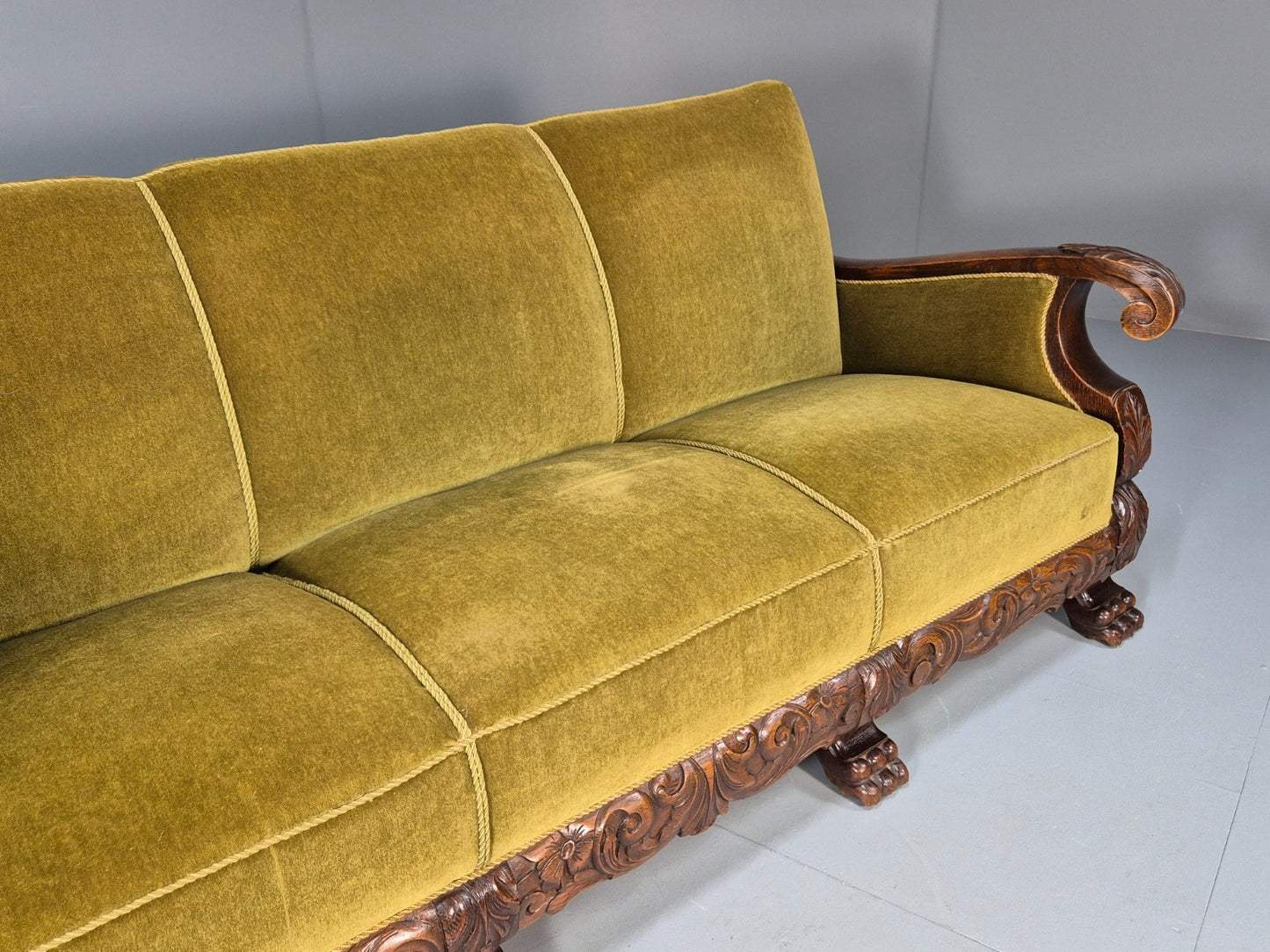 Vintage Danish Baroque Style 3 Seat Settee Green Velour Antique 1920 EB9653 V3SS - UKDK FURNITURE