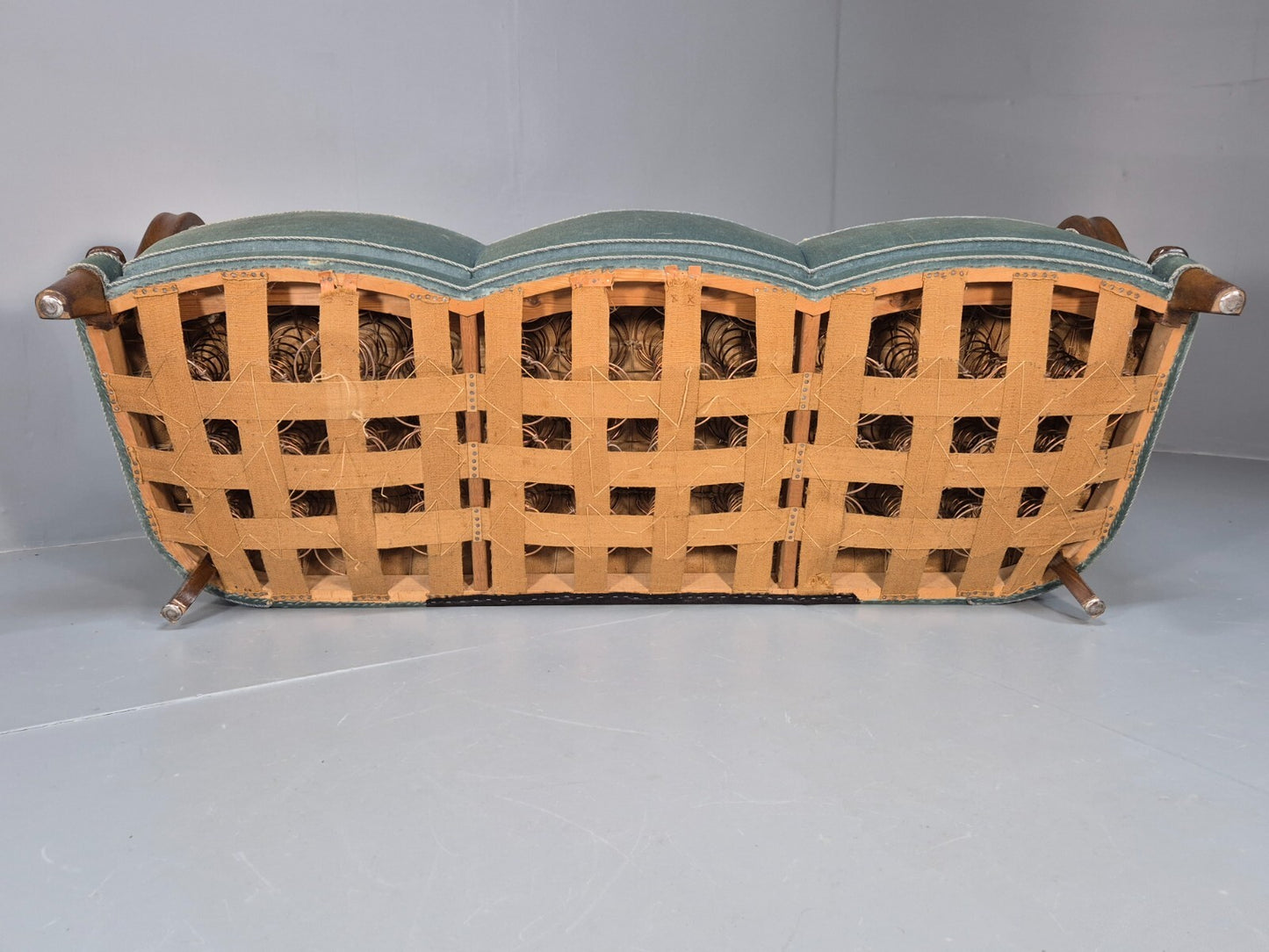 Vintage Danish Art Deco Sofa Blue Velvet Velour Oak Frame Shell Back EB9591 V3SS - UKDK FURNITURE
