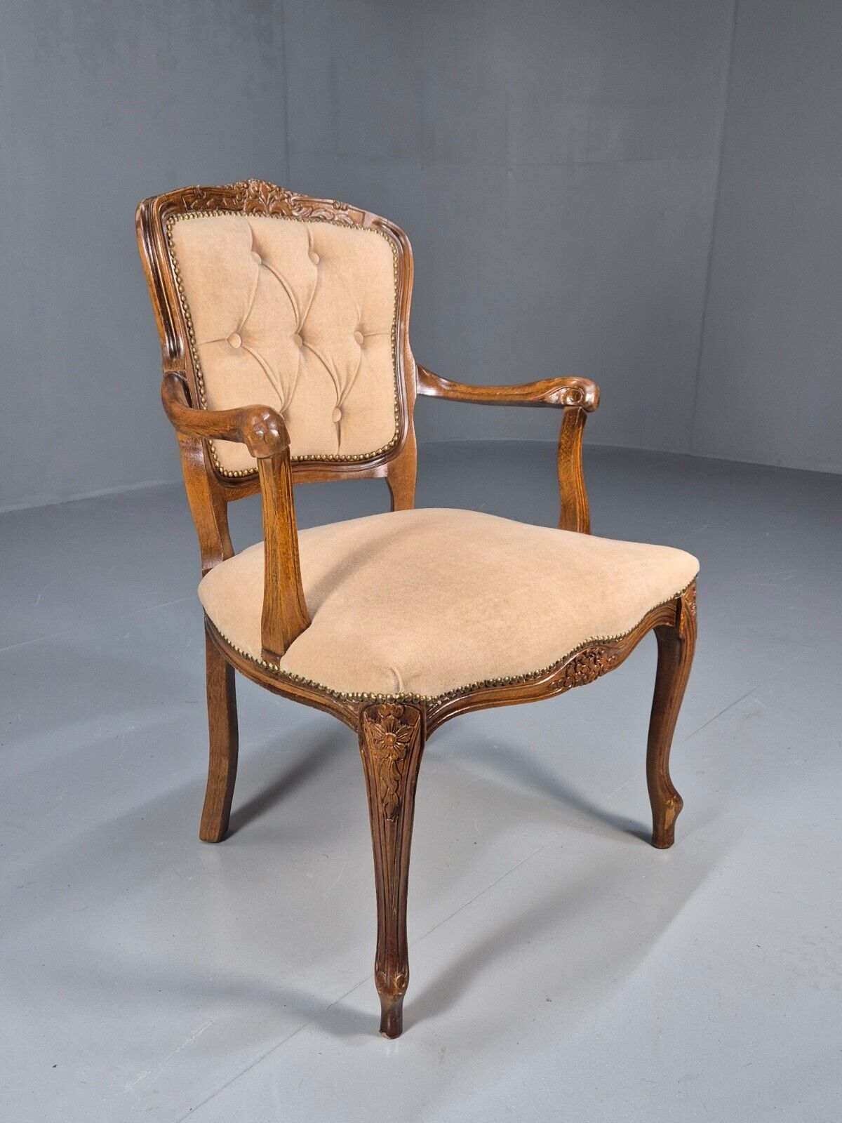Vintage Danish Antique French Style Elbow Chair Beige Velour EB8439 VDIN - UKDK FURNITURE