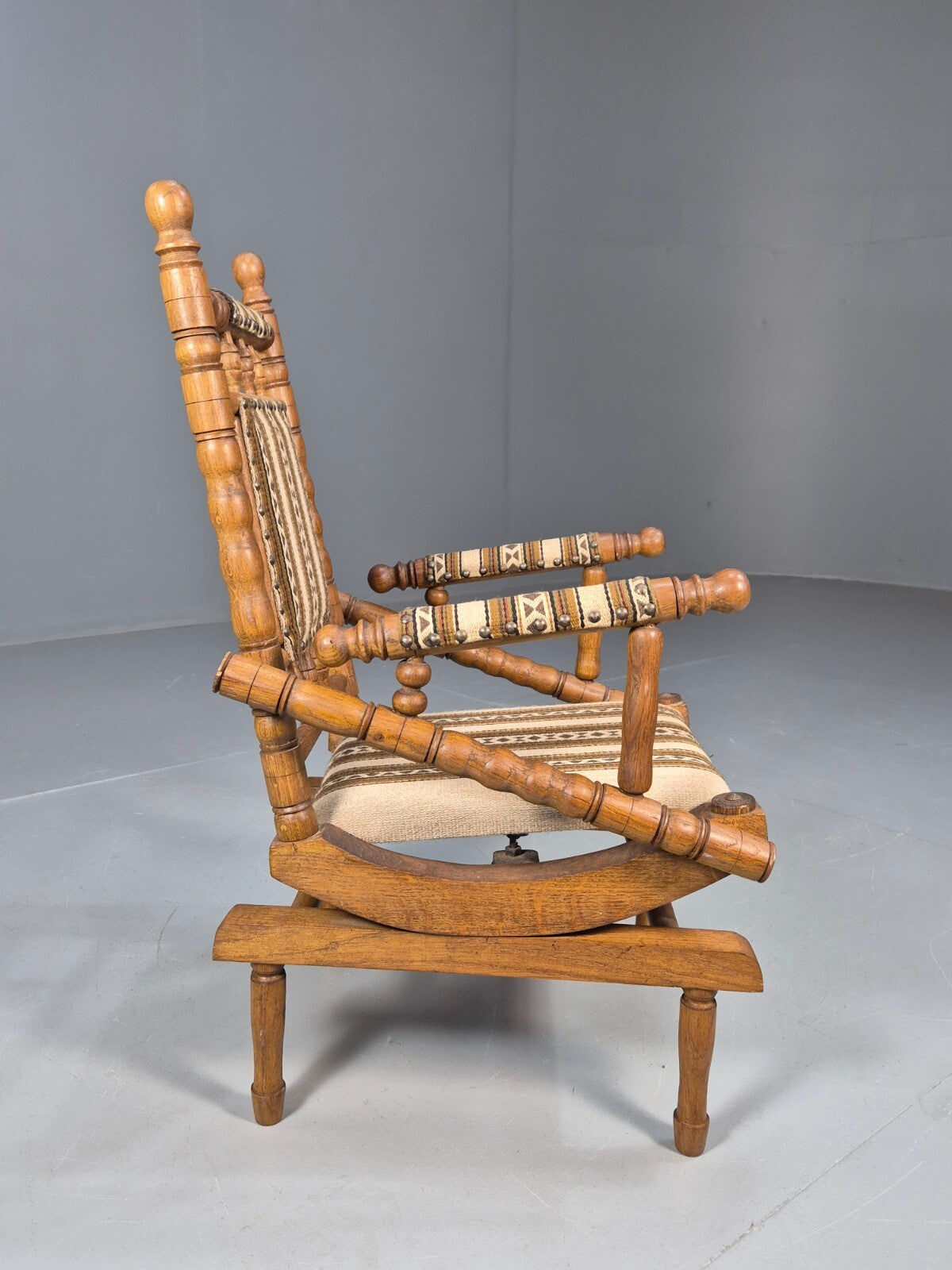 Vintage Childs American Style Rocking Chair Oak and Stripe Wool EB9577 MNOR - UKDK FURNITURE
