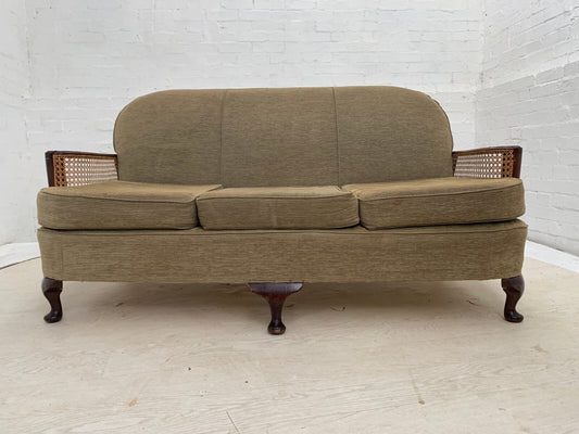 EB3611 Victorian Stained Oak, Bergere & Beige Fabric Sofa Vintage Antique. V3SS - UKDK FURNITURE