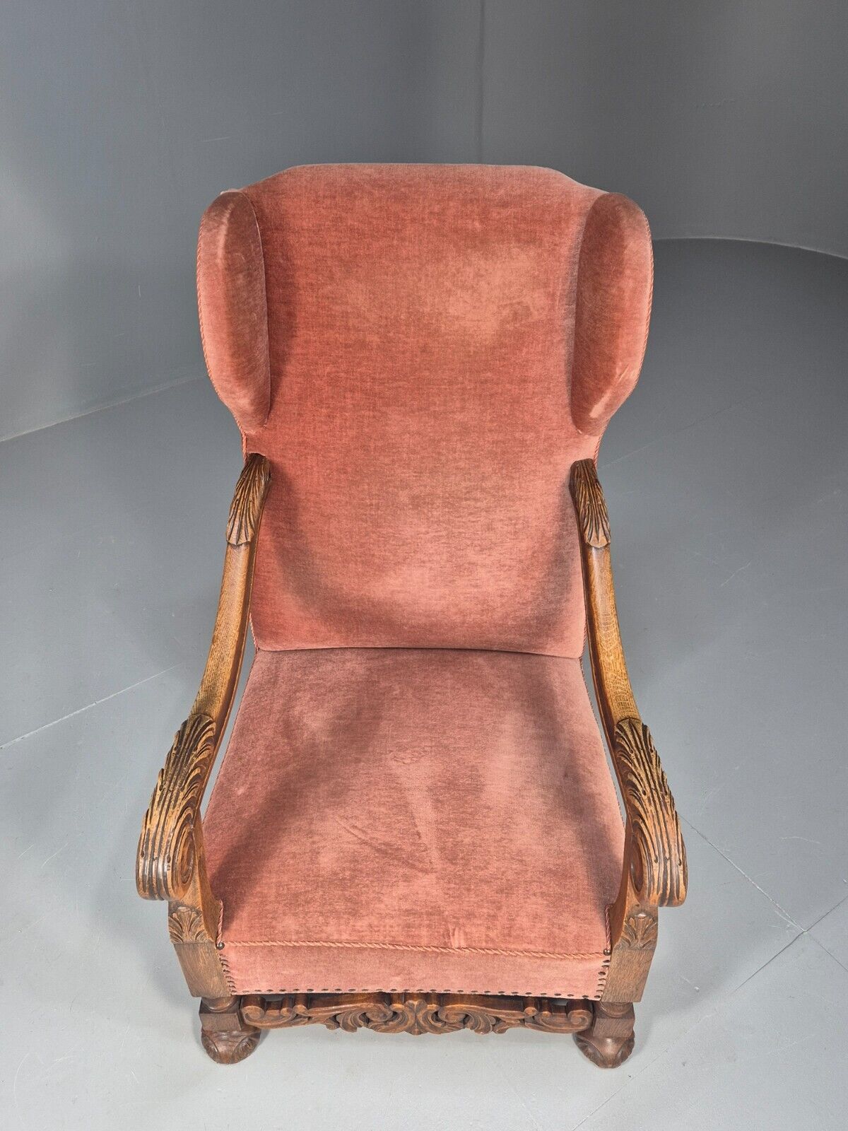Vintage Danish Lounge Chair Pink Peach Velour Oak 17th Century Style EB8985 VCLO - UKDK FURNITURE