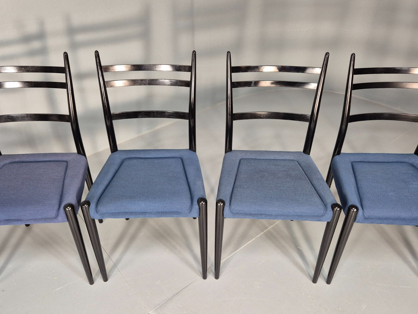 Vintage G Plan Dining Chairs Black Teak Blue Fabric Italian Style EB9488 MDIN - UKDK FURNITURE