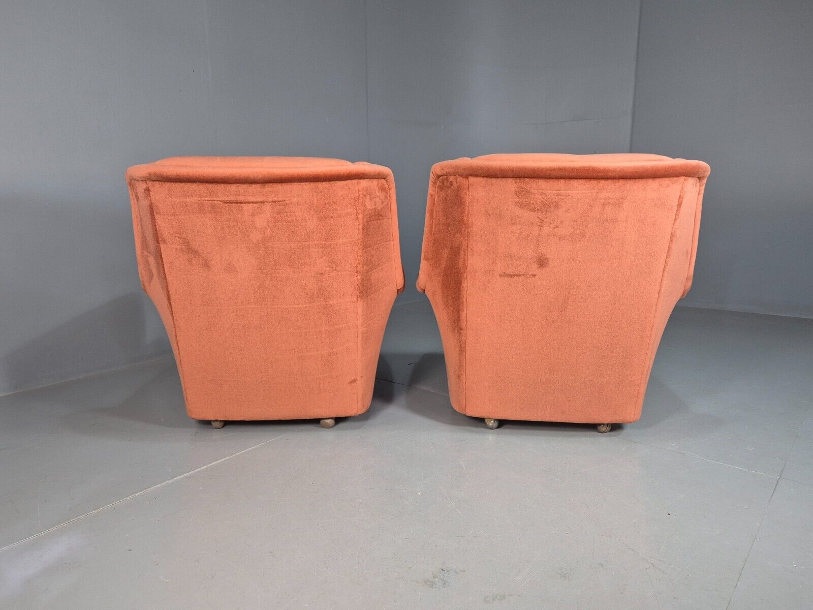 2 Vintage Lounge Chairs Pink Velour Teak Paws 1960s Retro EB8203 MNOR - UKDK FURNITURE