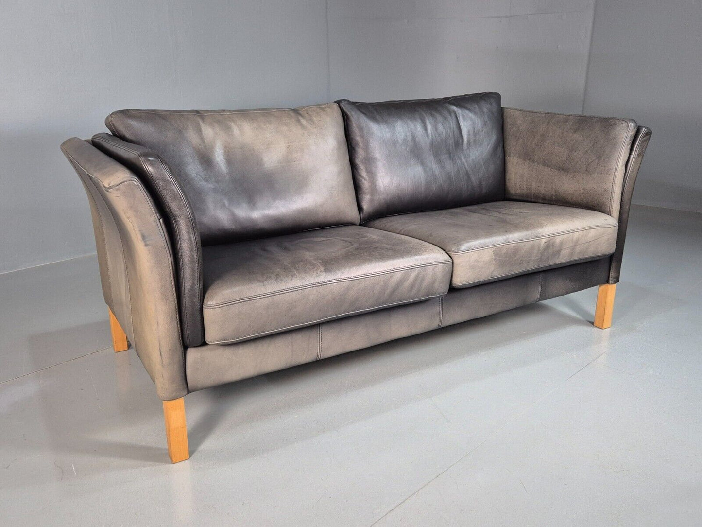 Vintage Danish Two Seat Sofa Faded Black Leather 1980s Retro MCM EB8168 M2SS - UKDK FURNITURE