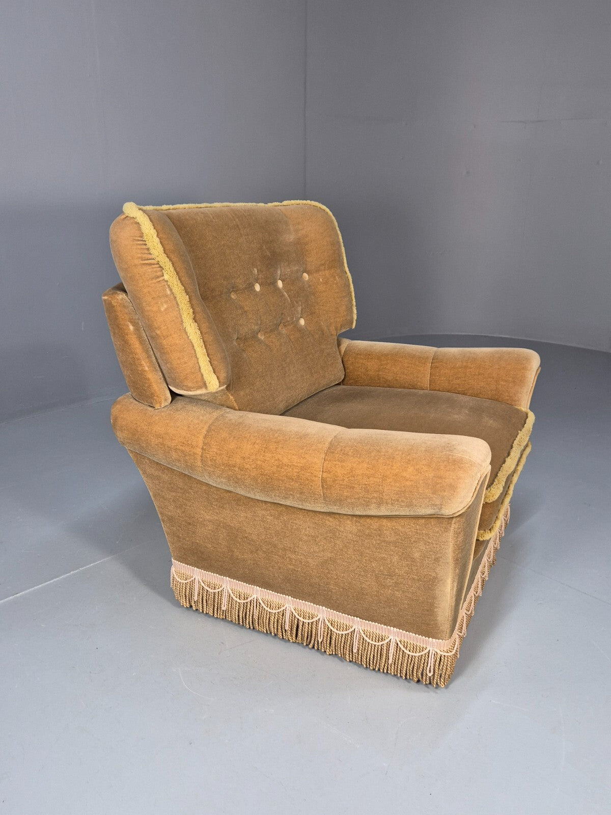 Vintage Gold Velour Danish Lounge Chair Chintzy Kitsch 1970s Retro EB9784 MNOR - UKDK FURNITURE