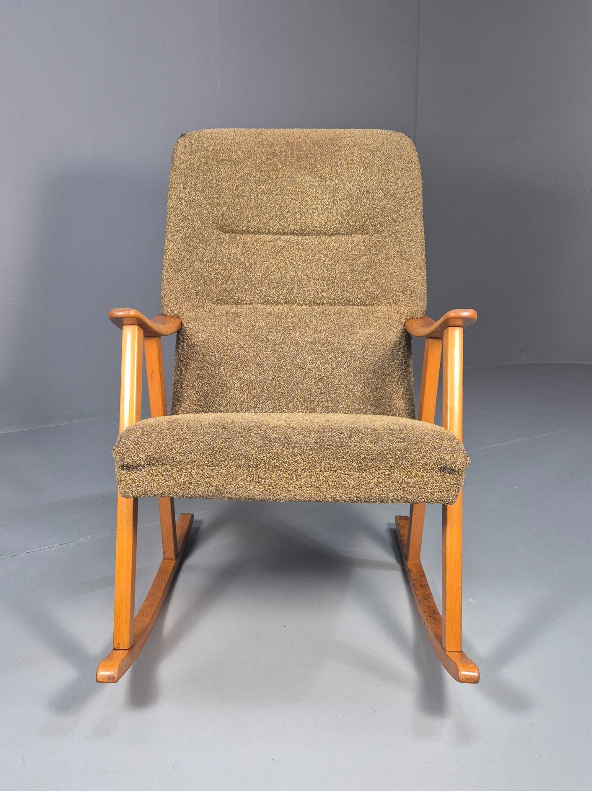 Mid Century Rocking Chair Olive Brown Wool Fabric Beech Frame 1950s EB9595 MNOR - UKDK FURNITURE