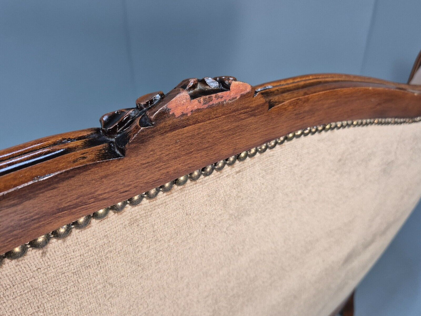 Vintage Danish 3 Seat Sofa Beige Velour Antique French Style 1970s EB8943 V3SS - UKDK FURNITURE