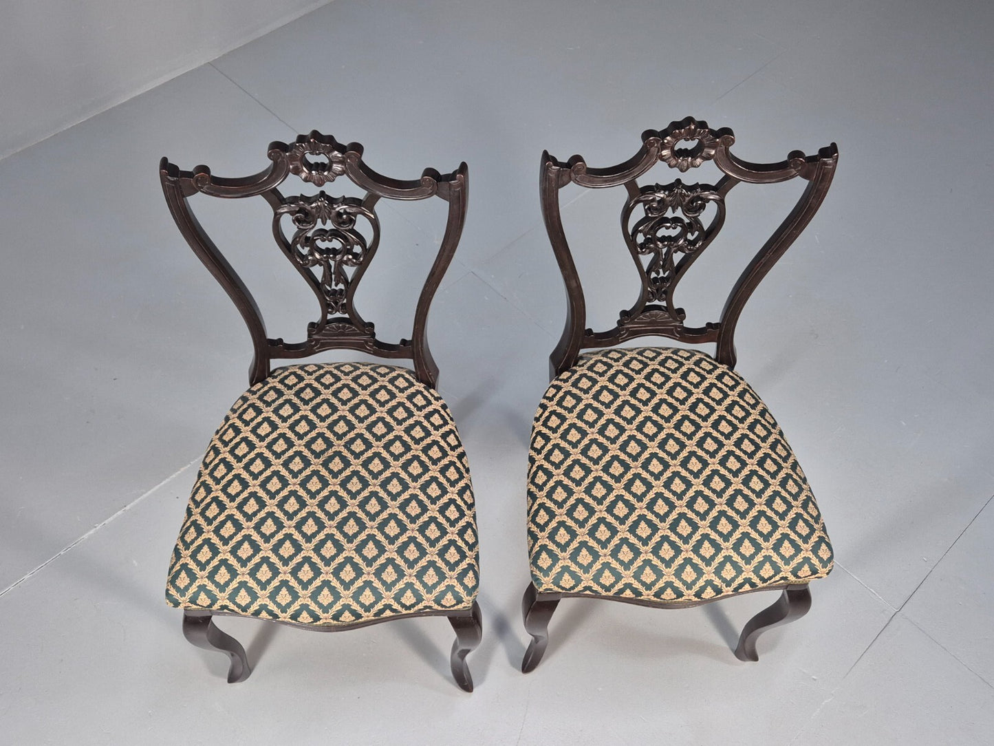 Vintage Royal Green Dining Chairs Pair Leaf Pattern Mahogany Frame EB9691 VDIN - UKDK FURNITURE
