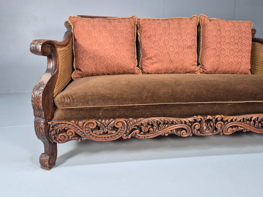 Vintage Danish 1920s Carved Oak Sofa Bergere Brown Velour Antique EB9544 V3SS - UKDK FURNITURE