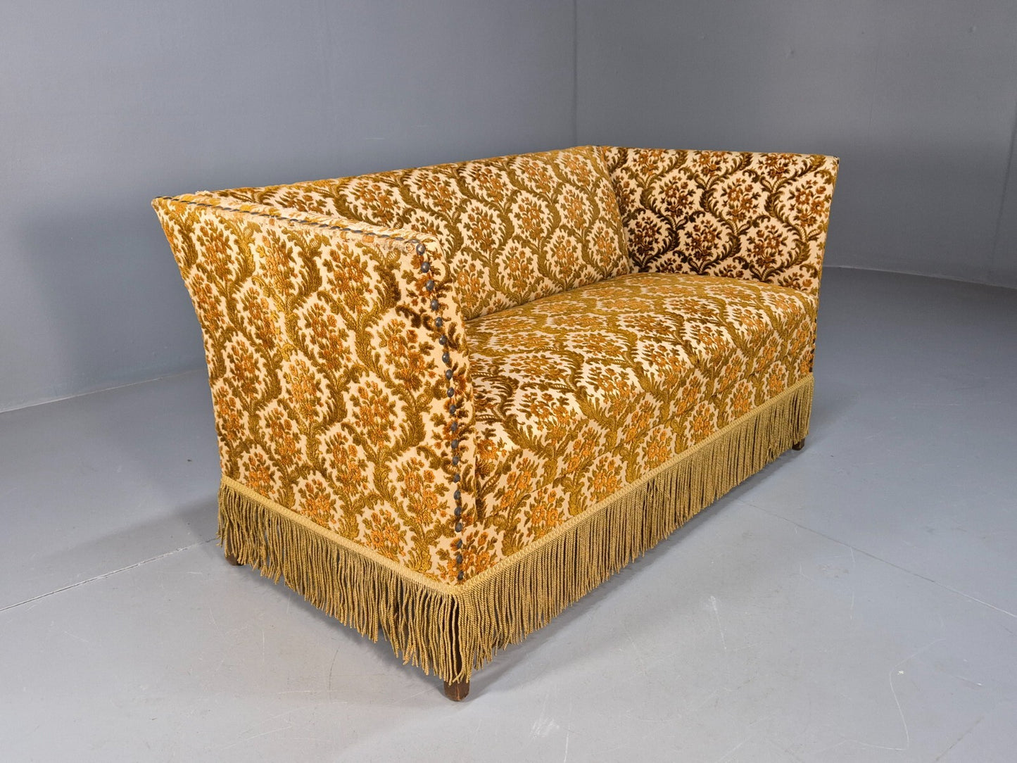 Vintage Danish 2 Seat Sofa Compact and Boxy Gold Moquette Tassels EB9588 V2SS - UKDK FURNITURE