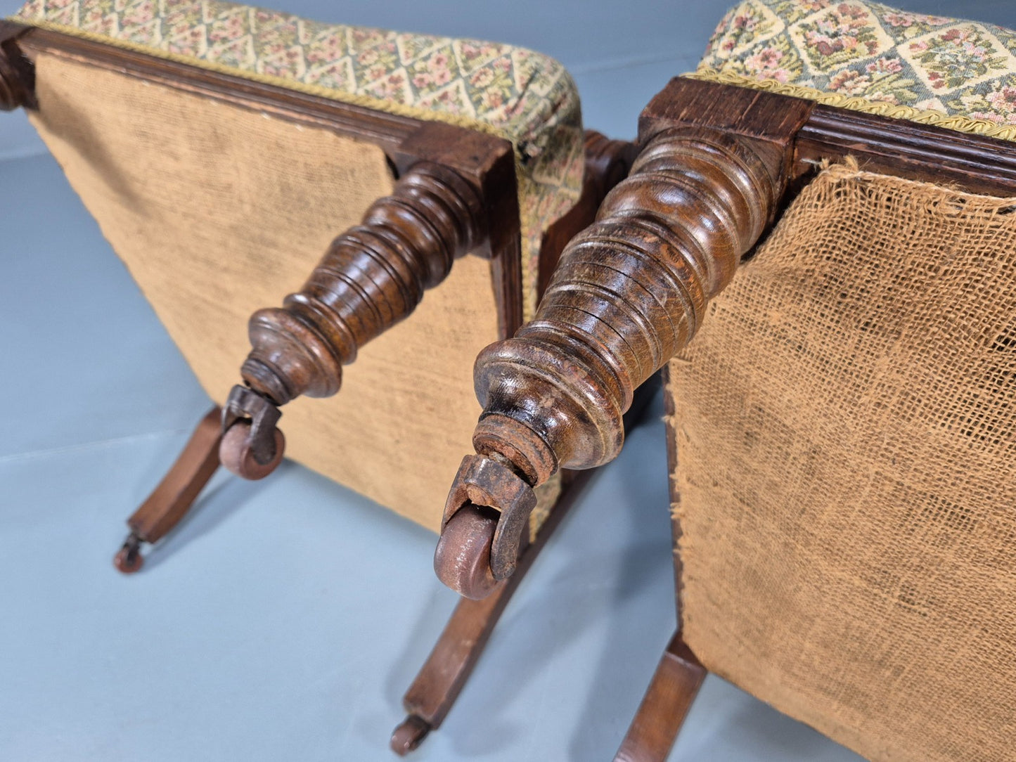 2 Edwardian Carved Oak Lounge Chairs Embroidery Upholstery 1900s EB10690 VCAR9