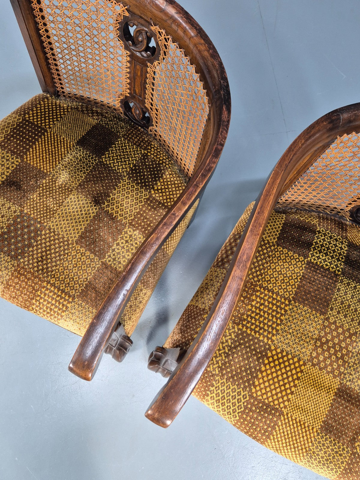 Pair Art Deco Tub Chairs Bergere Back Oak Frame Brown Velour 1930s EB10696 VCAR2