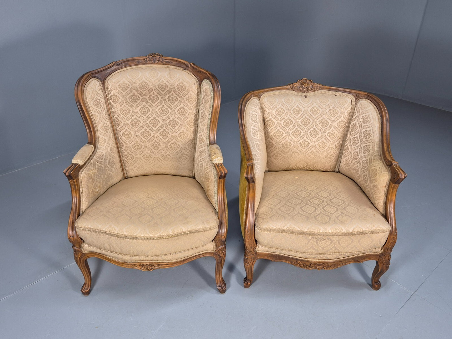 High and Low Back Danish Antique Rococo Style Lounge Chairs Damask EB9036 VCLO - UKDK FURNITURE