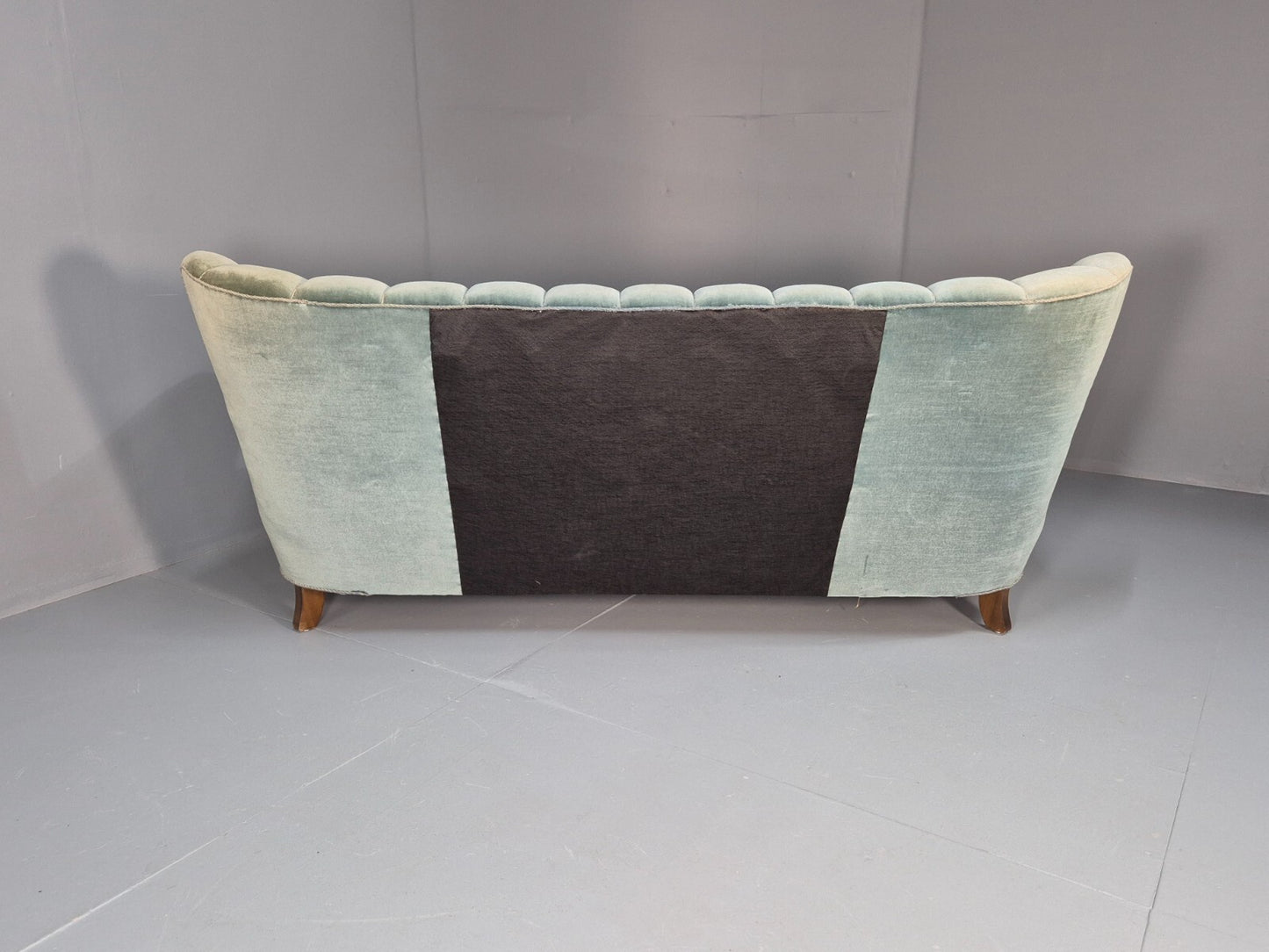Vintage Danish Art Deco Sofa Blue Velvet Velour Oak Frame Shell Back EB9591 V3SS - UKDK FURNITURE